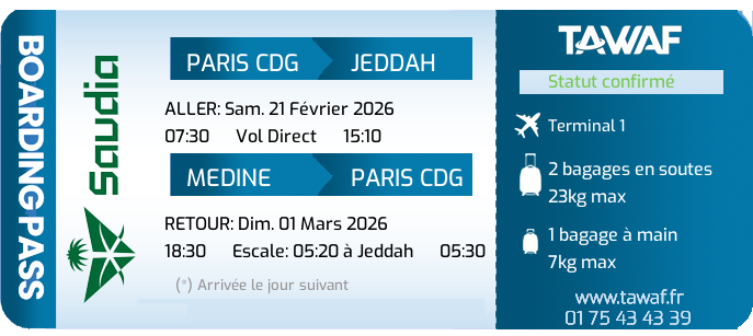 Informations vols Omra 21 Fév. départ 07:30