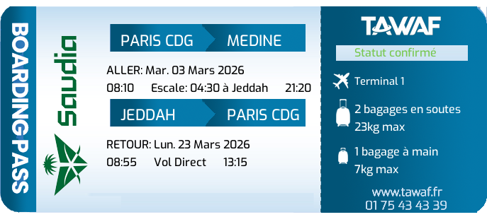Informations vols Omra 03 Mar. départ 08:10