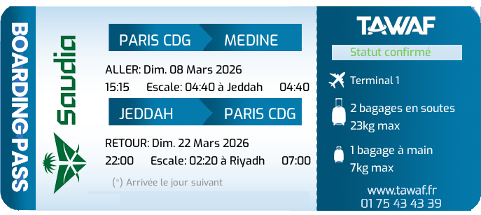 Informations vols Omra 08 Mar. départ 15:15