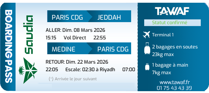 Informations vols Omra 08 Mar. départ 15:15
