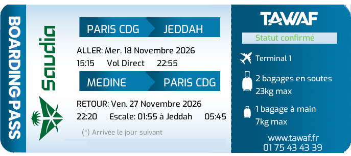 Informations vols Omra 18 Nov. départ 15:15