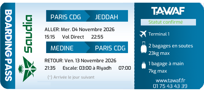 Informations vols Omra 04 Nov. départ 15:15