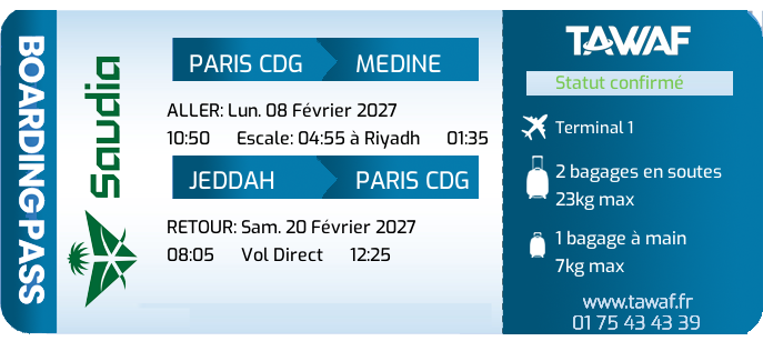 Informations vols Omra 08 Fév. départ 10:50
